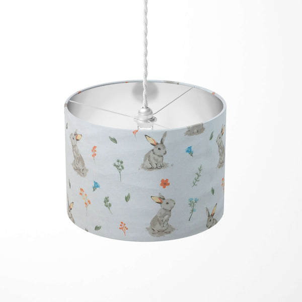 Beige bunny print kids nursery print ceiling lampshade on a white background.