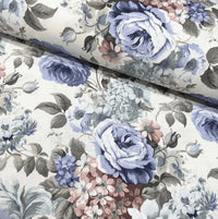 Pastel floral fabric with blue cabbage roses and pink hydrangea flowers on a white background.