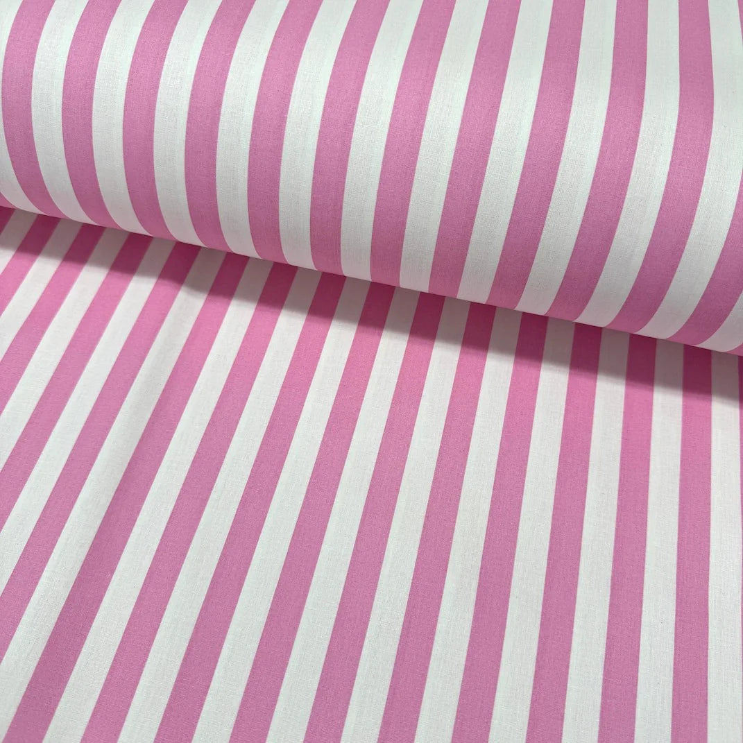 Candy pink and white striped 100% cotton poplin fabric with classic vertical stripes, ideal for quilting, dressmaking, patchwork and home décor.