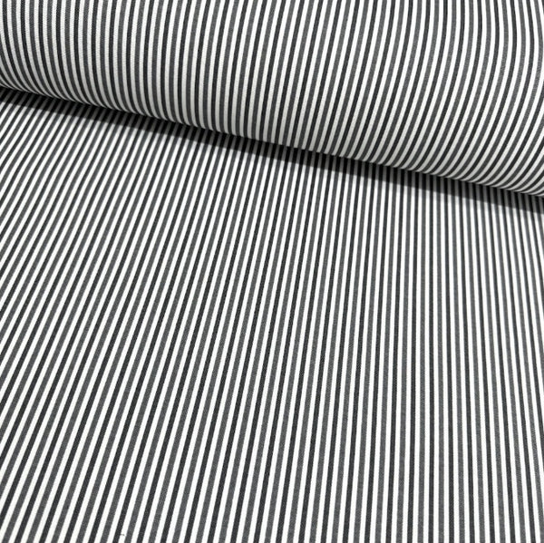 Charcoal dark grey and white pinstripe fabric for upholstery curtain soft furnishing and home decor.