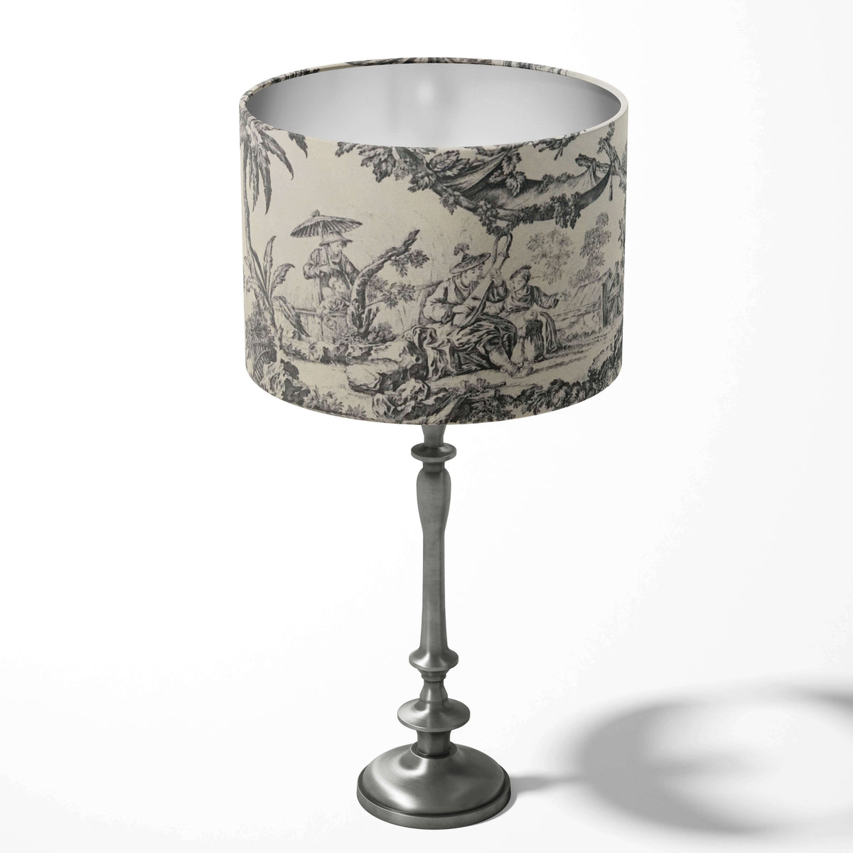 Table lampshade with asian oriental toile pattern on a white background.