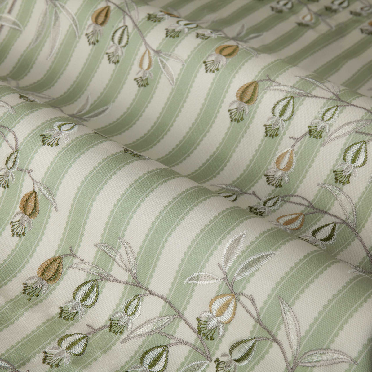 Sanderson Chinese Lanterns Embroidered Sage Green Cream Stripe Curtain