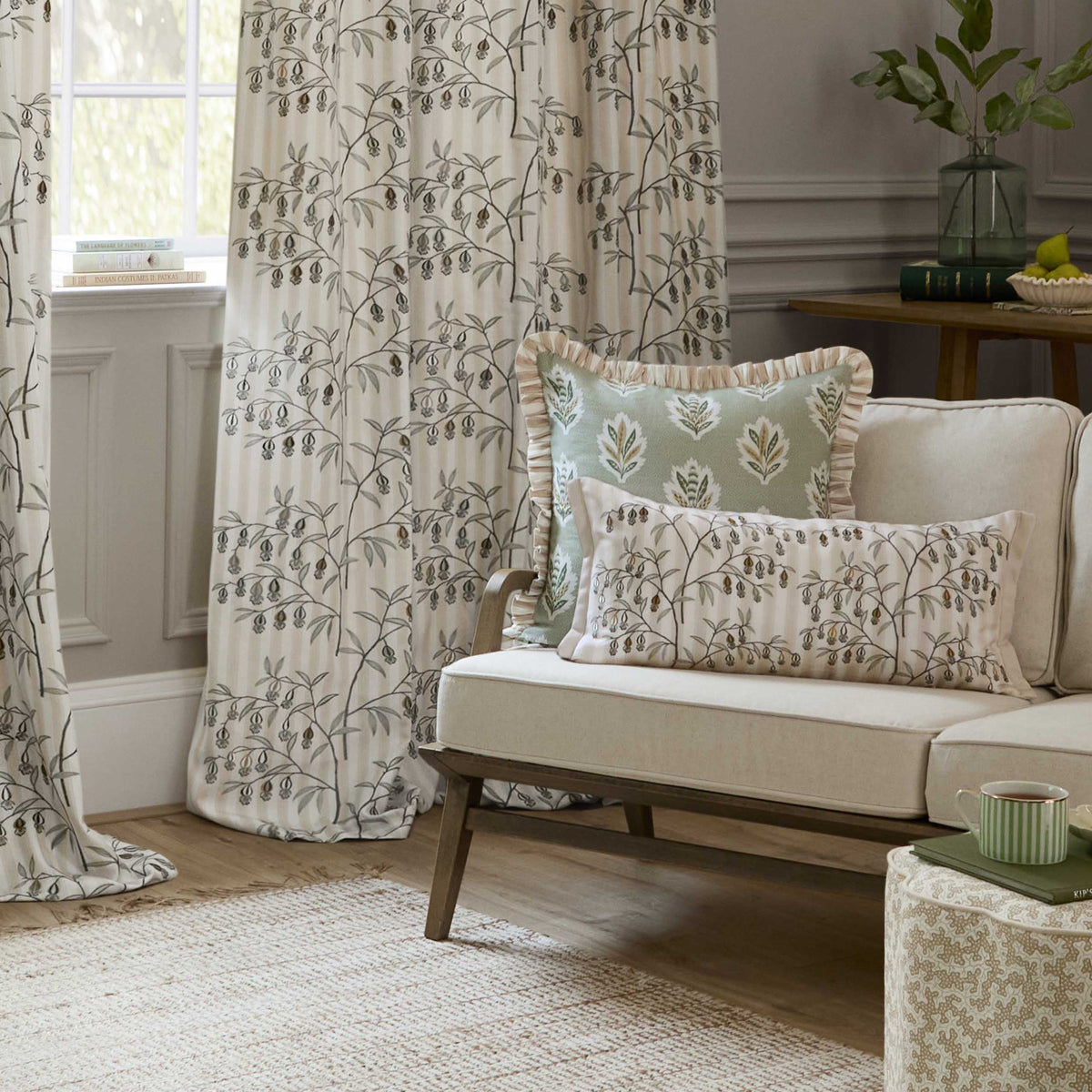 Sanderson Chinese Lanterns Embroidered Pencil Pleat Cream Curtains Linen