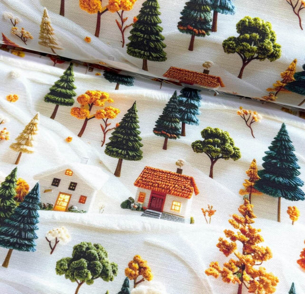 Christmas tree and village house patterned festive holiday fabric for upholstery, curtain and crafting.