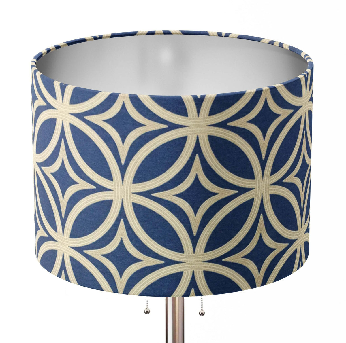 Navy blue and tan art deco patterned decorative lampshade.