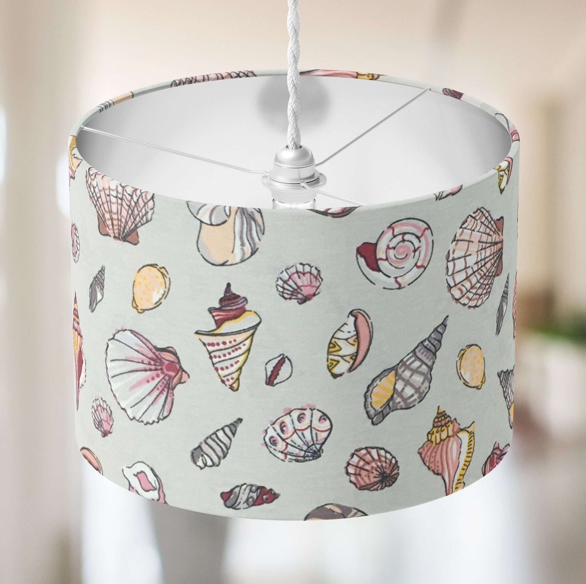 Coastal beach sea shell lampshade for table lamps, floor lamps and ceiling pendants.