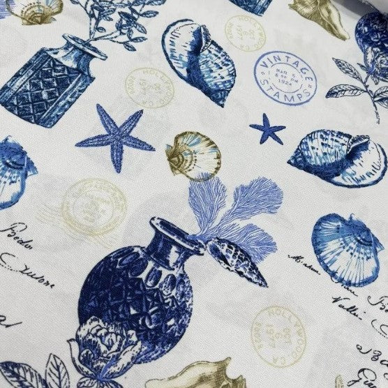 Ocean Shell Textiles Sea Shell Fabric, Coastal Blue Ocean Vintage Nautical Upholstery Fabri ...