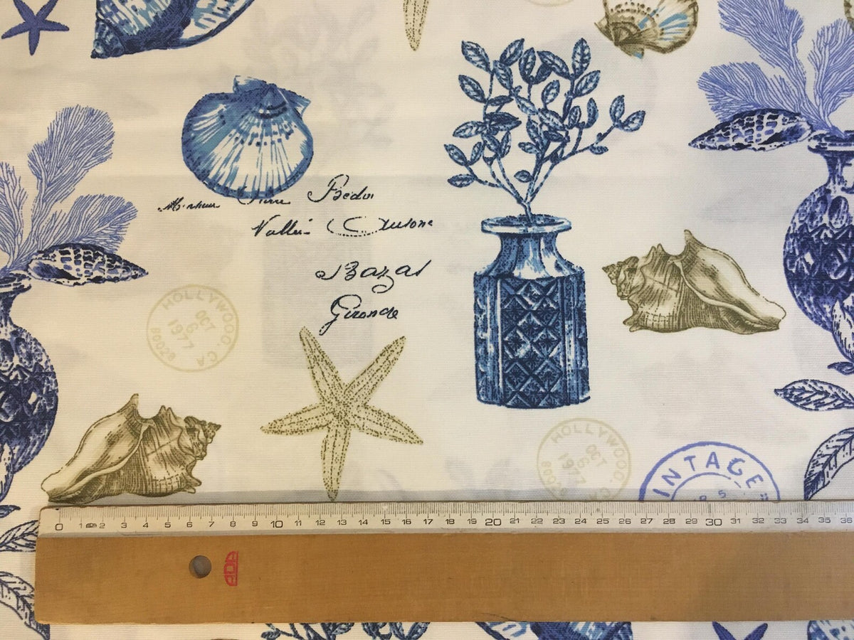 Ocean Shell Textiles Sea Shell Fabric, Coastal Blue Ocean Vintage Nautical Upholstery Fabri ...