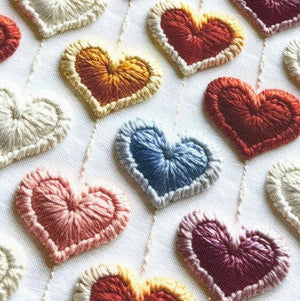 Colourful embroidered heart patterns in red, burgundy, mustard yellow, blue and cream on an upholstery curtain fabric background.