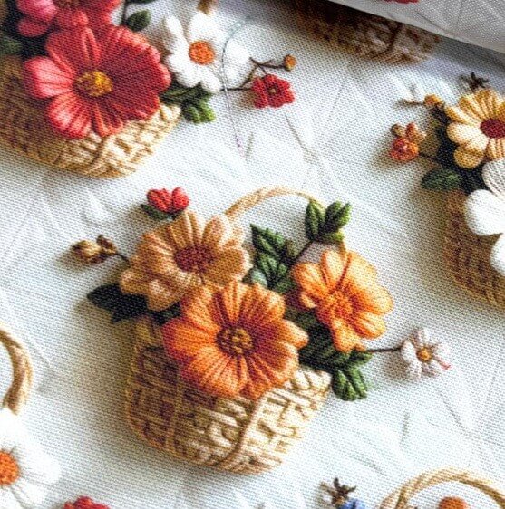 Close-up of upholstery curtain fabric patterned with vintage style embroidered red and orange flowers and floral baskets.