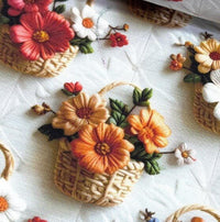 Close-up of upholstery curtain fabric patterned with vintage style embroidered red and orange flowers and floral baskets.