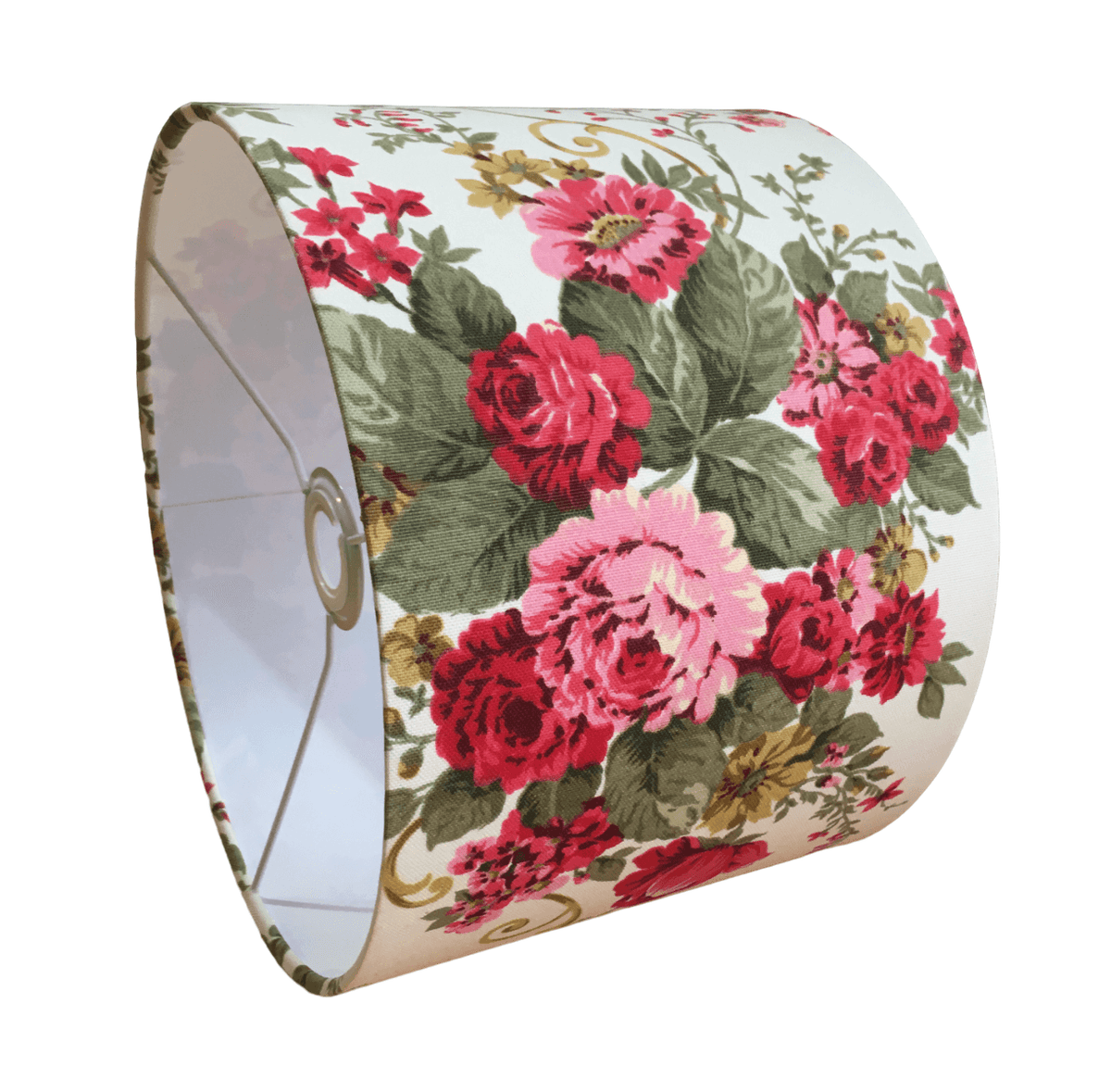Drum lampshade designed with pink and red flowers  and green leaves on a white background.