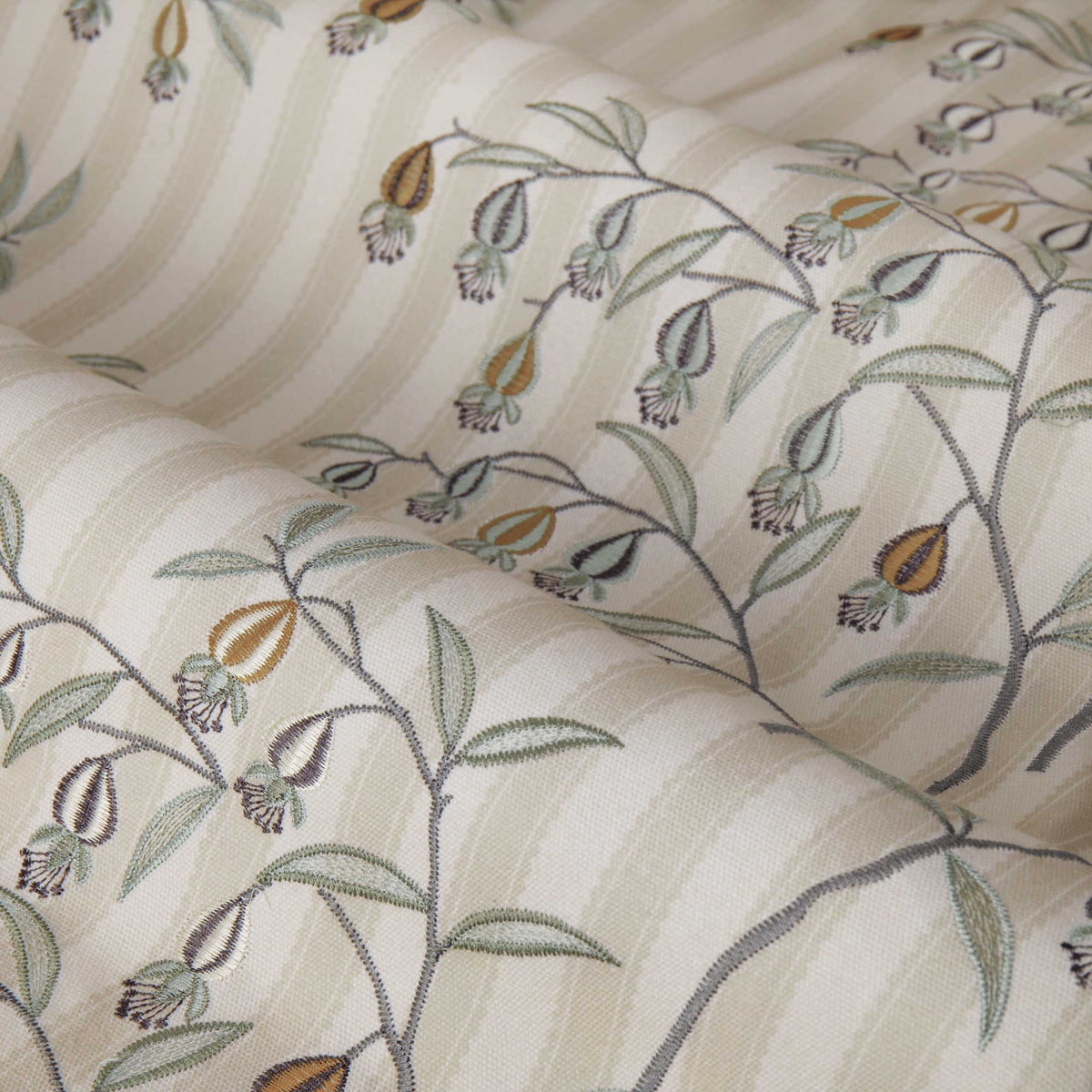 Sanderson Chinese Lanterns Embroidered Pencil Pleat Cream Curtains Linen