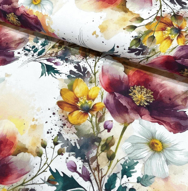 Watercolour floral upholstery curtain fabric patterned with red poppy flowers and yellow white daisies. 