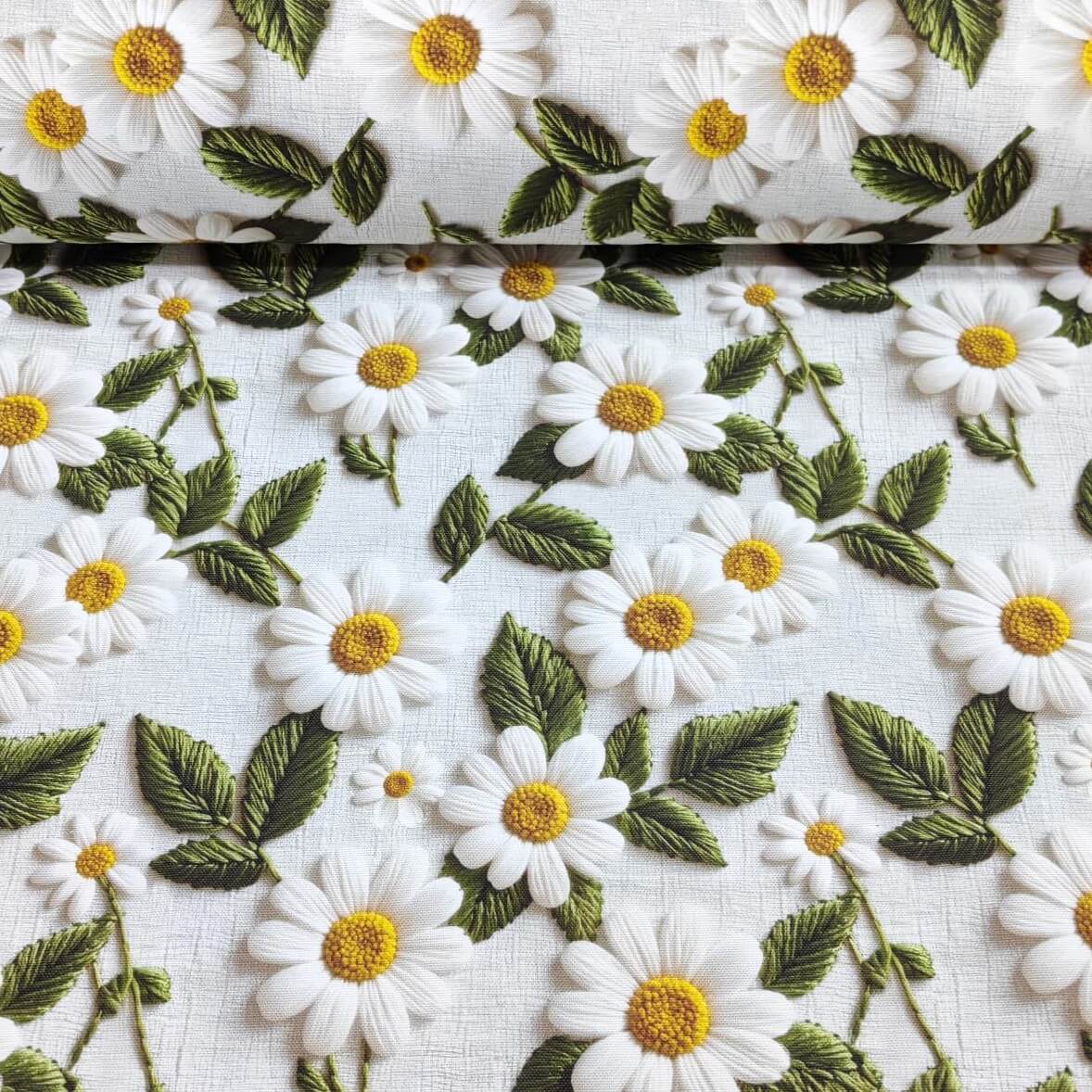3d embroidery print yellow white daisy and green leaves patterned upholstery curtain fabric.