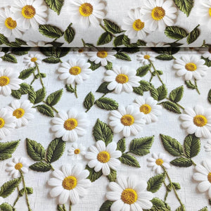 3d embroidery print yellow white daisy and green leaves patterned upholstery curtain fabric.