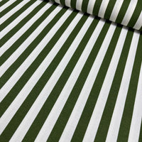 Dark forest green and white stripe patterned cotton canvas upholstery curtain fabric.