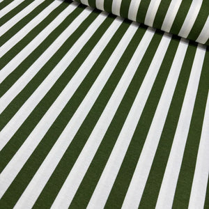 Dark forest green and white stripe patterned cotton canvas upholstery curtain fabric.