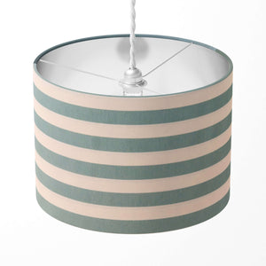 A duck egg lampshade with horizontal stripes, featuring mint green and white colours for table lamps, floor lamps, or ceiling pendants.
