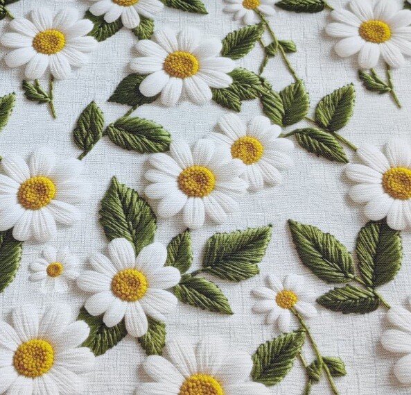 White daisy flowers and green leaves patterned upholstery curtain fabric.