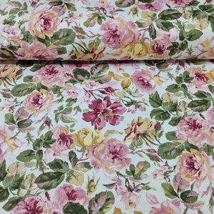 Pink yellow english rose ang green leaves patterned cotton canvas upholstery curtain fabric.