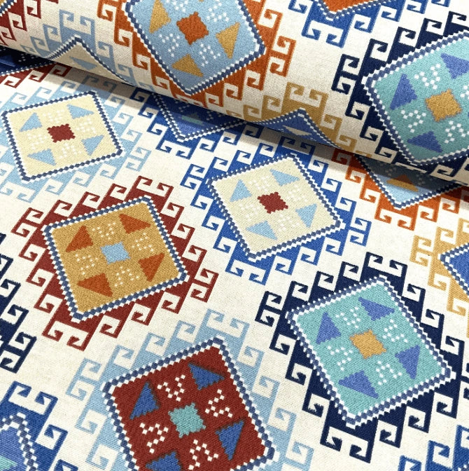 Tribal aztec kilim pattern colourful upholstery curtain fabric.