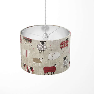 Grey and red ceiling pendant lampshade with farm animal pattern on a white background.