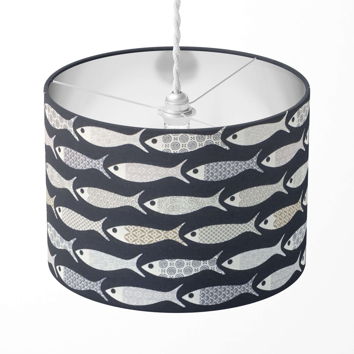 Navy blue lampshade with a fish and sea pattern, designed for table lamps, floor lamps, and ceiling pendants.