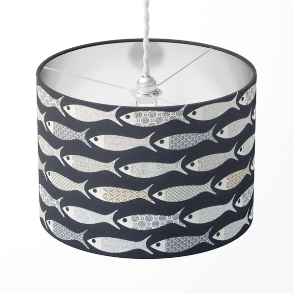 Navy blue lampshade with a fish and sea pattern, designed for table lamps, floor lamps, and ceiling pendants.