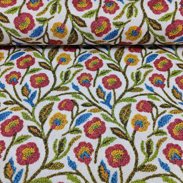 Floral tapestry upholstery fabric in burgundy, mustard, blue green and white.