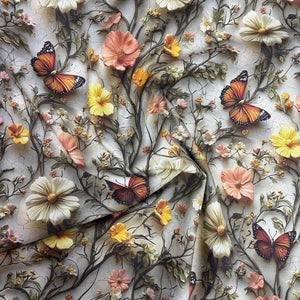 3d effect floral tapestry upholstery fabric patterned with peach pink yellow and white flowers and butterflies.