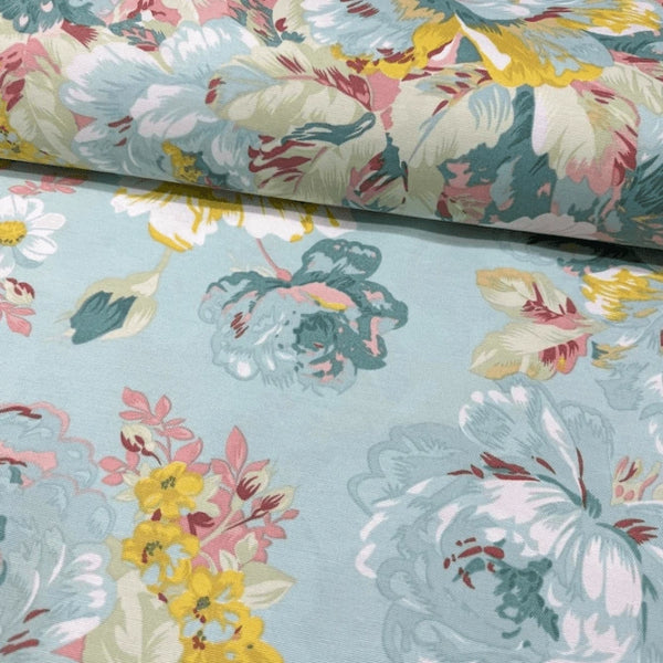 Cabbage roses floral upholstery fabric with pink yellow teal flowers on a mint green background.