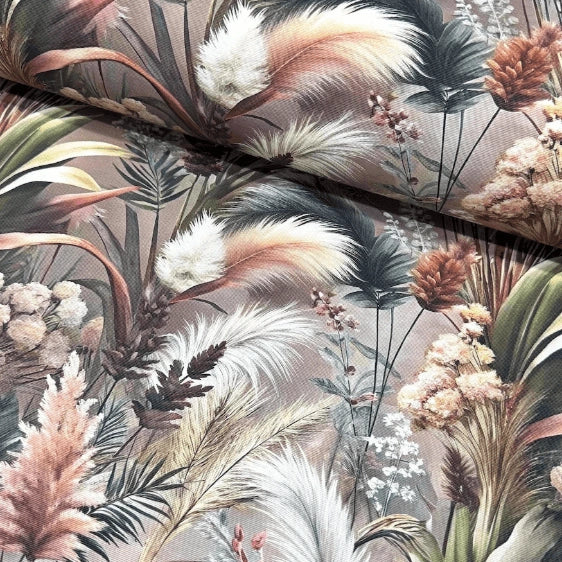 Botanical flowers and leaves print upholstery curtain fabric in neutral blush pink, green, terracotta and white colours. 