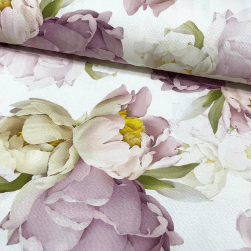 Large print lilac peony flower fabric for upholstery, curtain, soft furnishing and home decor crafts.