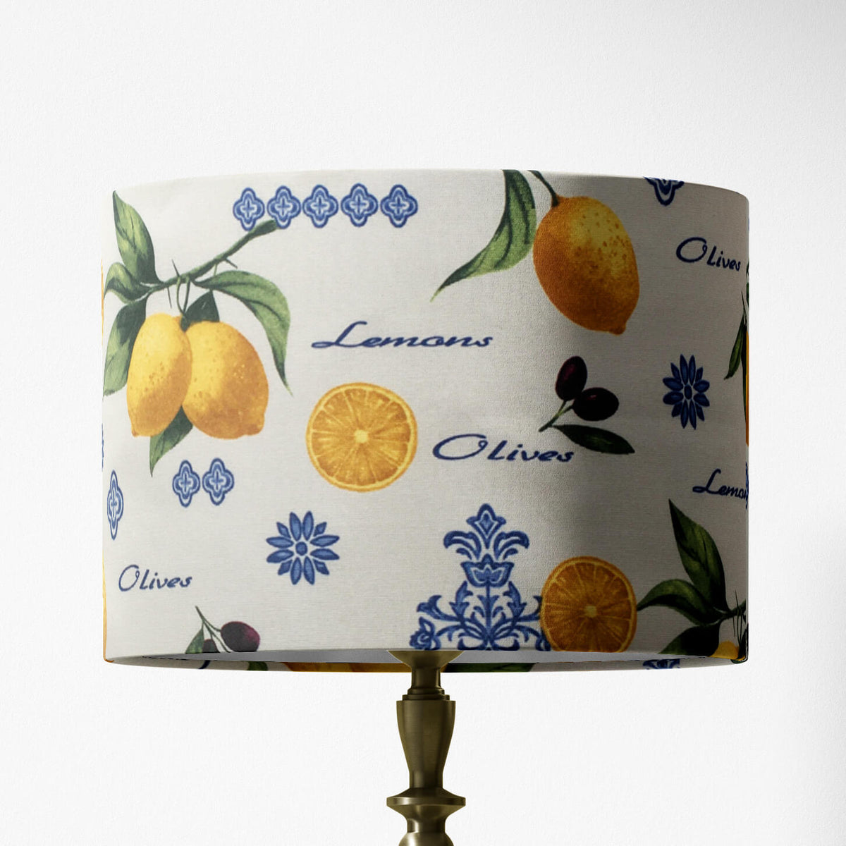 Lemon and olive fruit patterned table lampshade for kitchen.