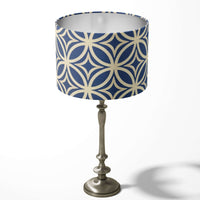 Geometric vintage style circles print table floor lamp shade in navy blue and light brown.