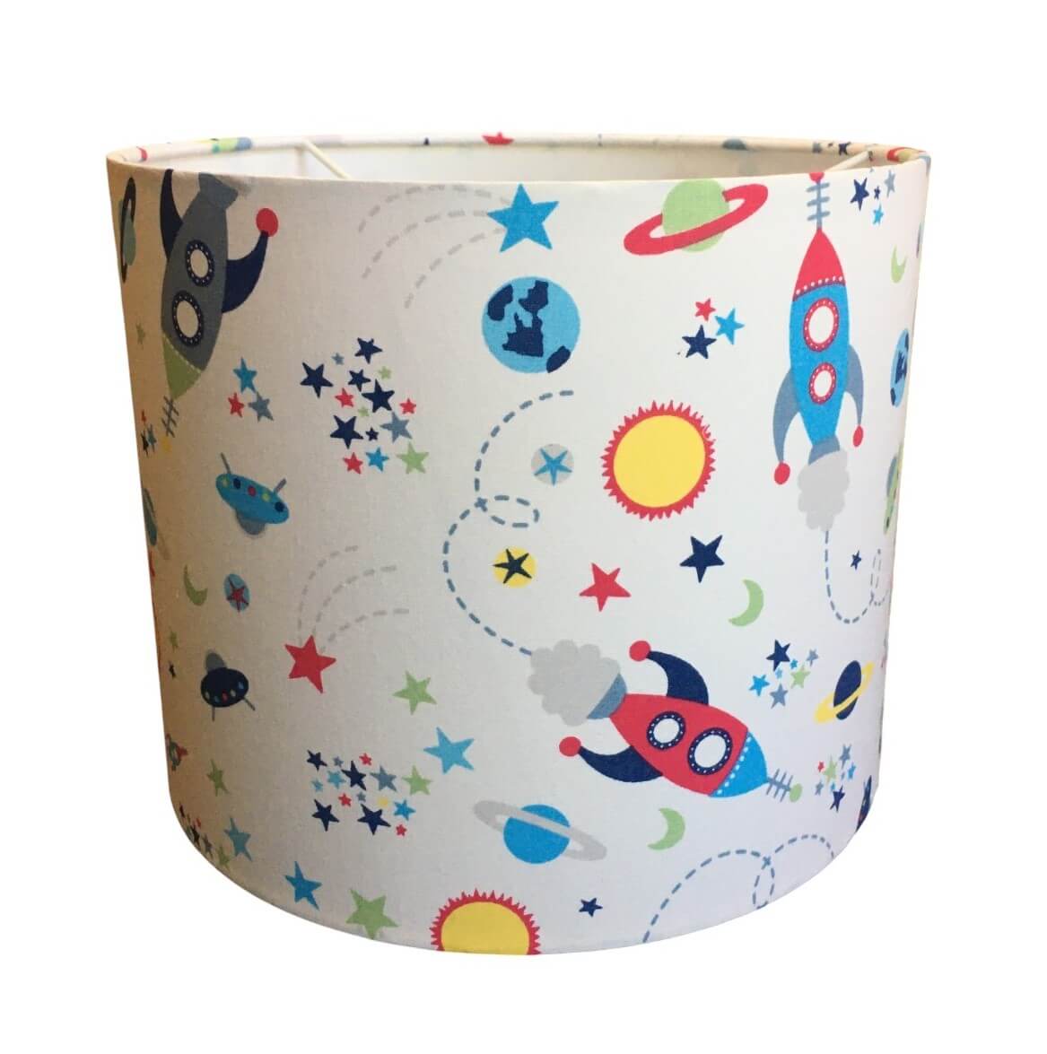 Children's lampshade with space-themed design in red, blue, yellow, green and navy on a white background.