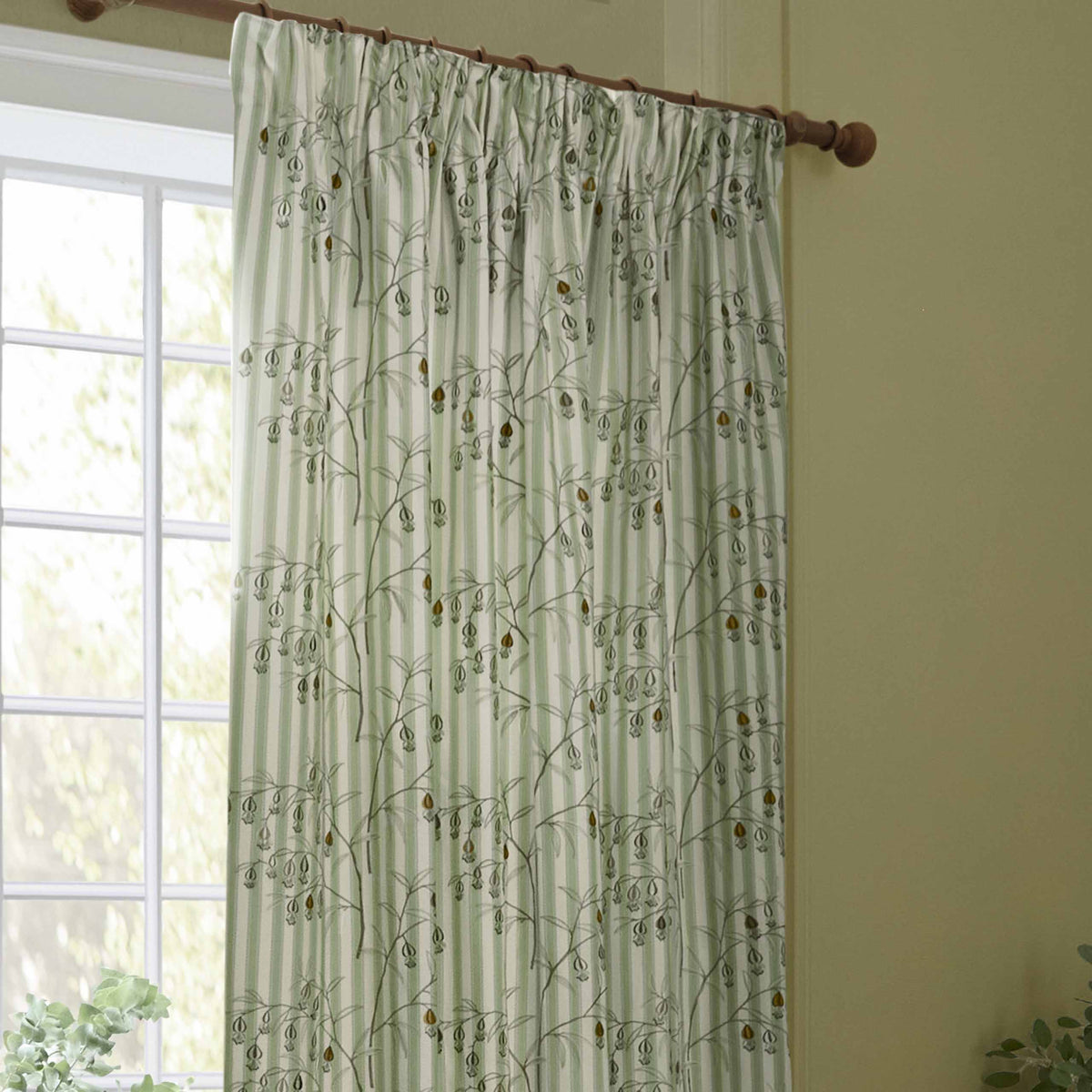 Sanderson Chinese Lanterns Embroidered Sage Green Cream Stripe Curtain