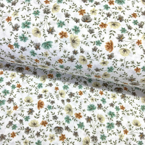 Floral patterned fabric with small sage green, mustard, beige and cream flowers and leaves on a white background.