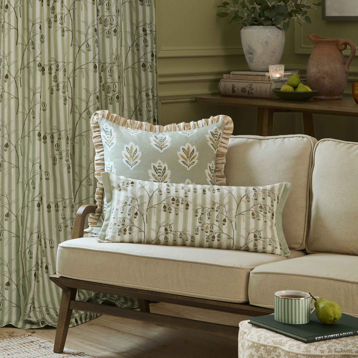 Sanderson Chinese Lanterns Embroidered Sage Green Cream Stripe Curtain