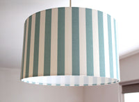 Mint green and white vertical thin striped drum ceiling lampshade.