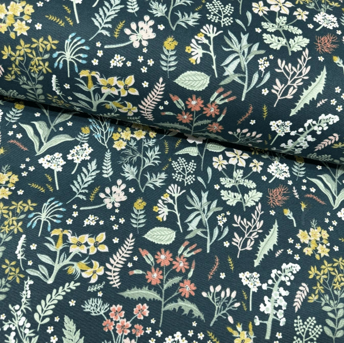Dark forest green floral wildflower leaves print upholstery, curtain, soft furnishing fabric.