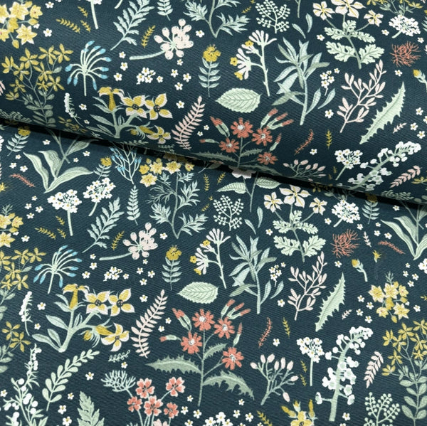 Dark forest green floral wildflower leaves print upholstery, curtain, soft furnishing fabric.