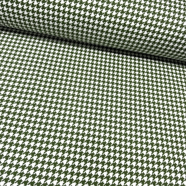 Houndstooth pattern fabric with moss green and white geometric checkered design for upholstery curtain and home decor.