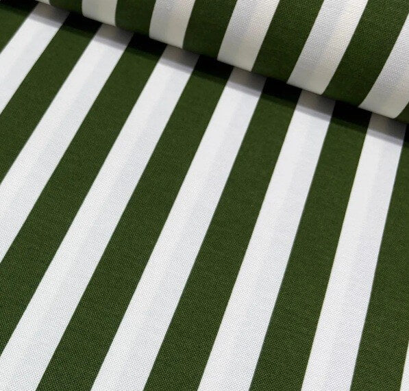 Moss olive green and white stripe print upholstery curtain fabric.