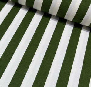 Moss olive green and white stripe print upholstery curtain fabric.