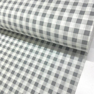 Grey and white gingham check 100% cotton fabric with a classic checkered pattern, ideal for dressmaking, quilting, patchwork, crafts and home décor.