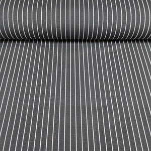 Roll of cotton upholstery fabric with dark grey and white pinstripe pattern