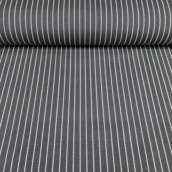 Roll of cotton upholstery fabric with dark grey and white pinstripe pattern
