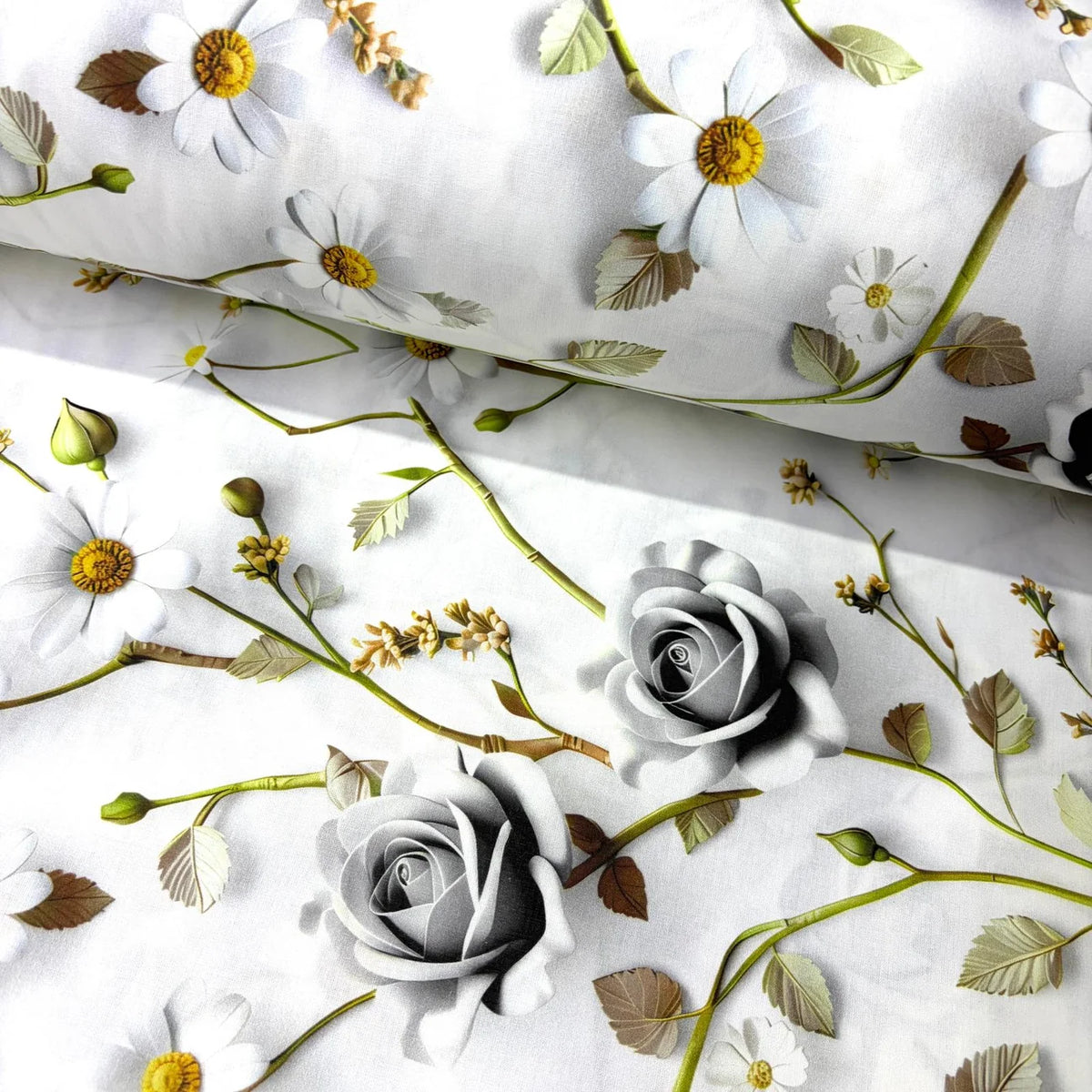 White cotton poplin fabric featuring realistic grey roses, white daisies and botanical foliage in a 3d floral print.